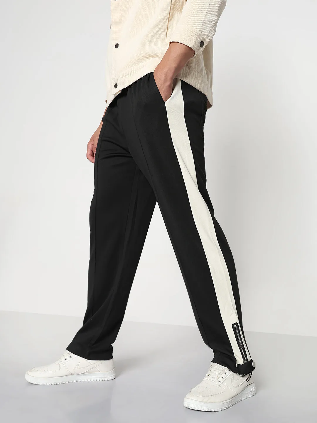 Men's Black Athleisure Straight Fit Trouser with Zipper Detail Adaptive Fit