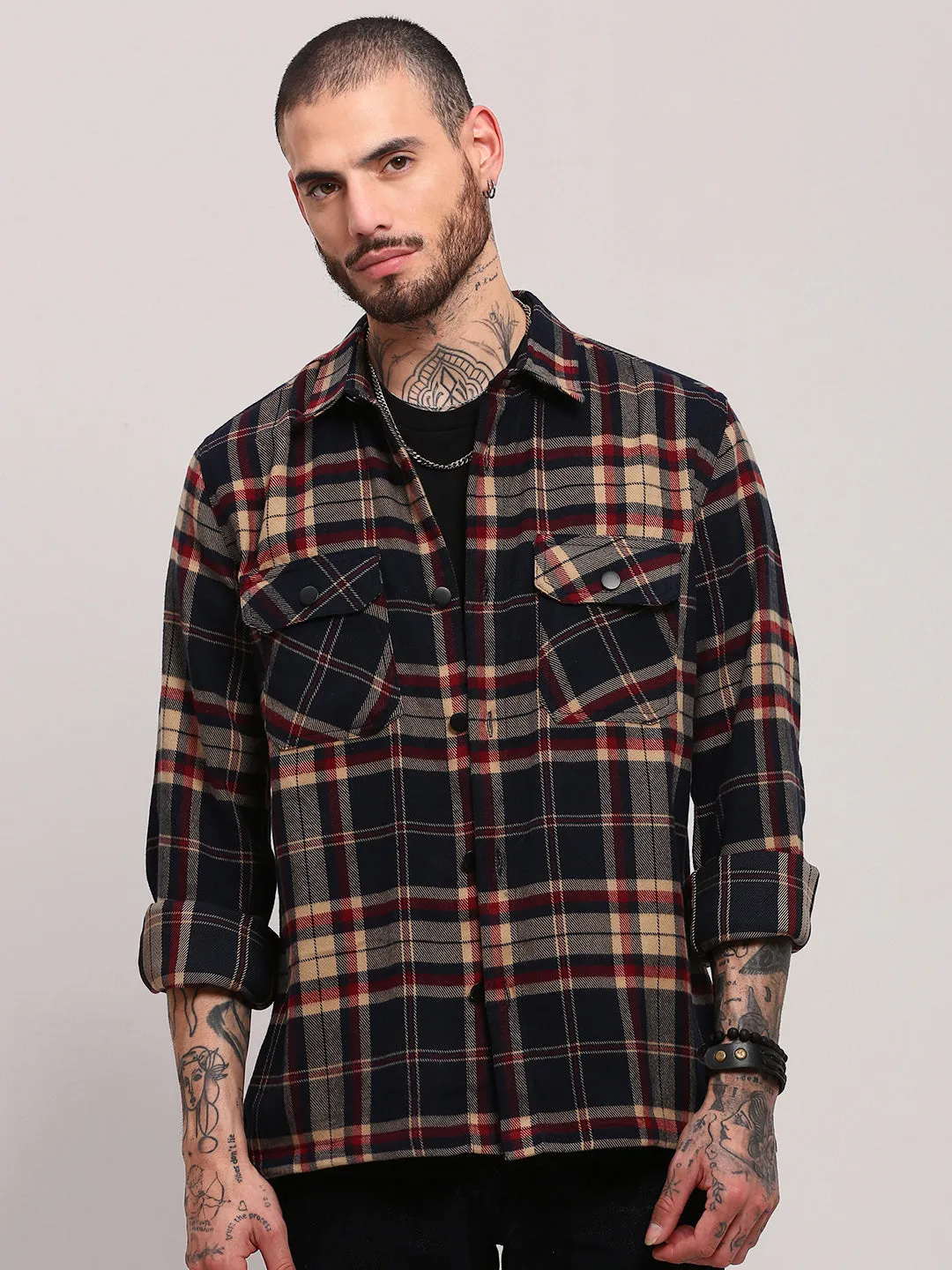 Men's Black Checked Relaxed Fit Shacket Short Sleeve