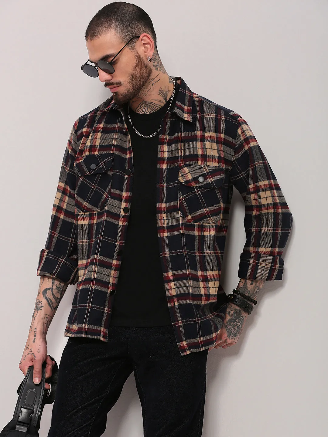 Fit for All Seasons Soft Layers Men's Black Checked Relaxed Fit Shacket