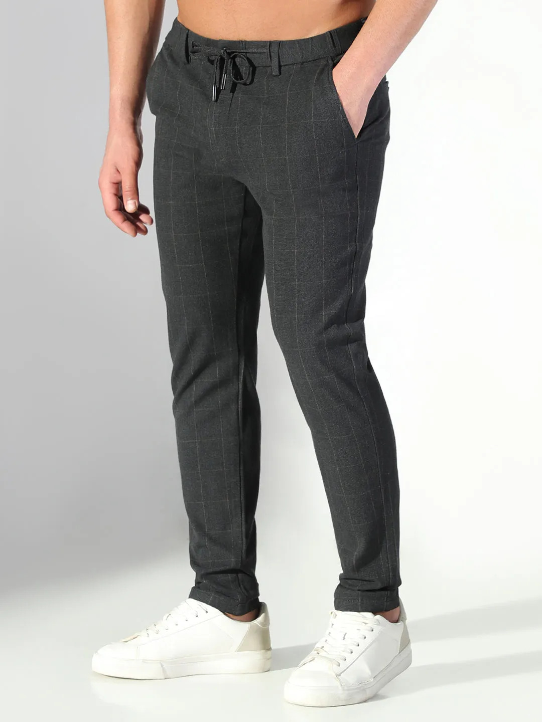 Men's Black Checked Slim Fit Trousers Comfy Ease Relaxed Comfort Fit