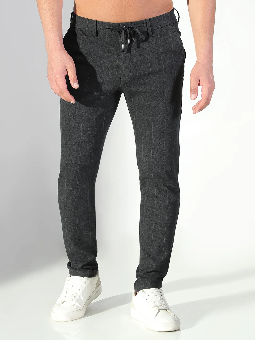 Men's Black Checked Slim Fit Trousers Quick Flex