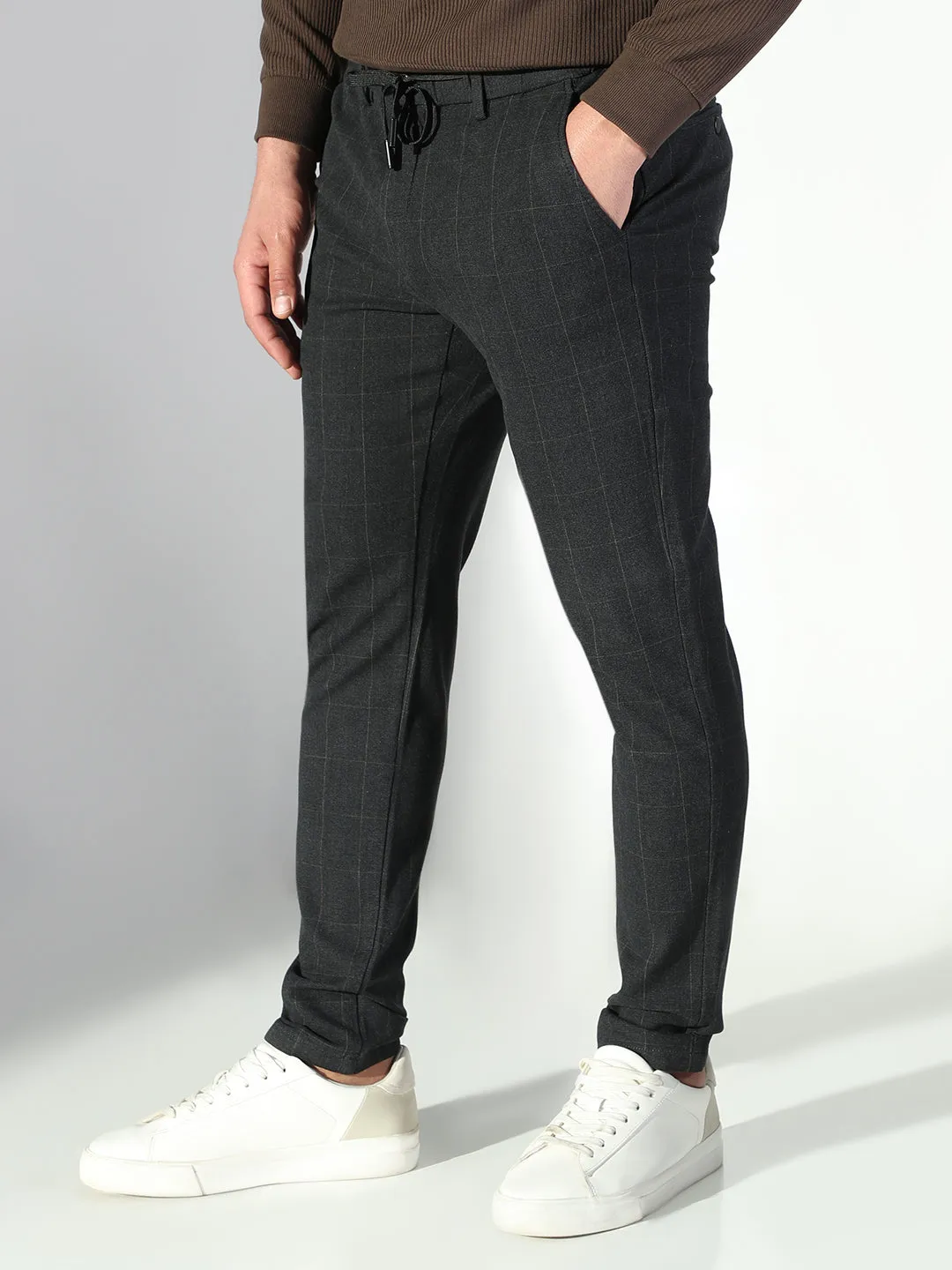 Men's Black Checked Slim Fit Trousers Ultra Soft Blend BreathableLining