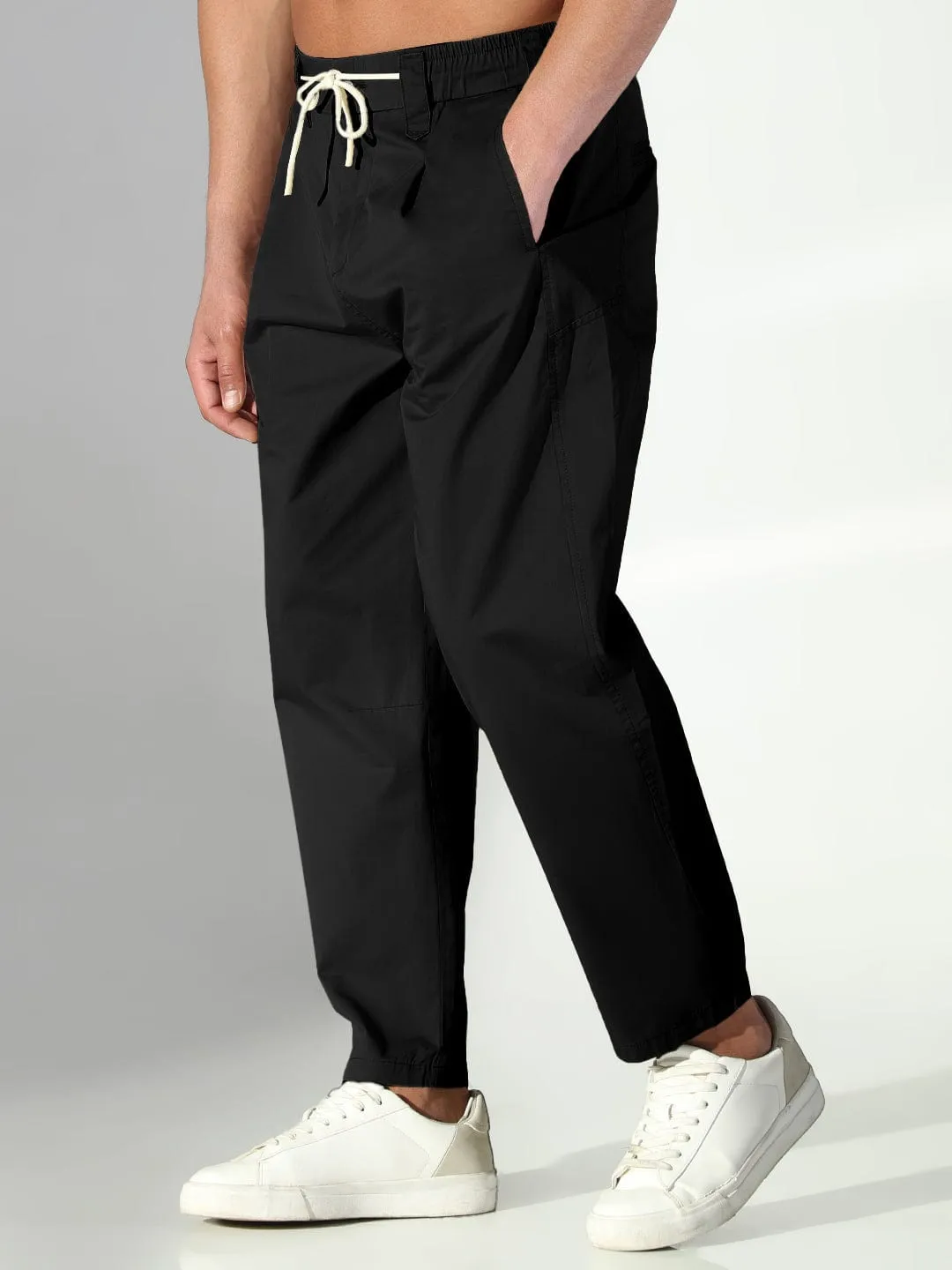 StretchMaterial Men's Black Korean Trousers with Drawstrings
