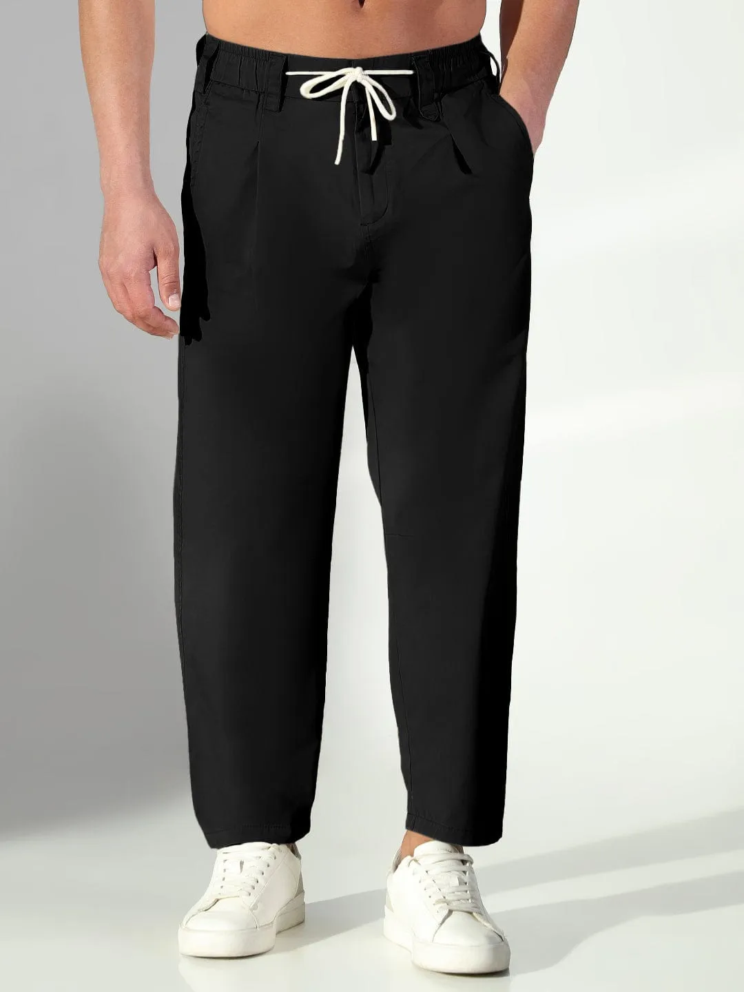 Men's Black Korean Trousers with Drawstrings Soft Lines