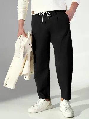 Men's Black Korean Trousers with Drawstrings Flexible Performance