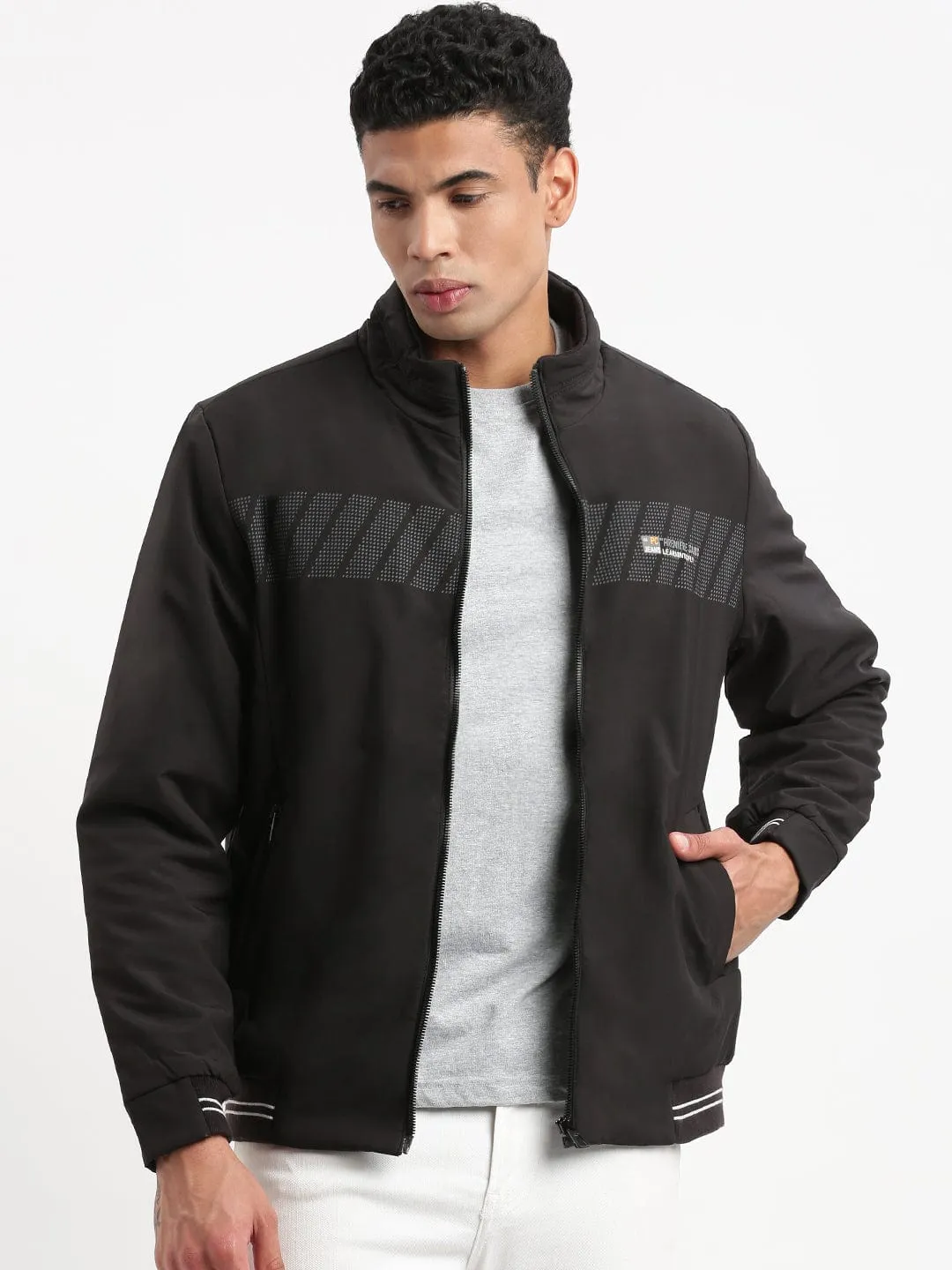 Neutral Fit Design Men's Black Mock Collar Bomber Jacket