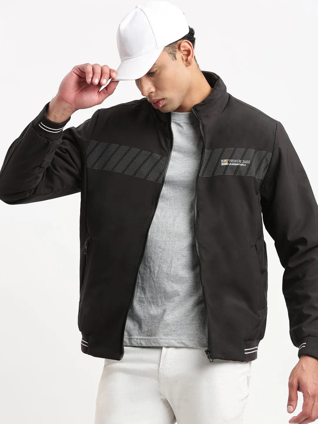 Men's Black Mock Collar Bomber Jacket AntiStaticCoating WrinkleFreeFinish