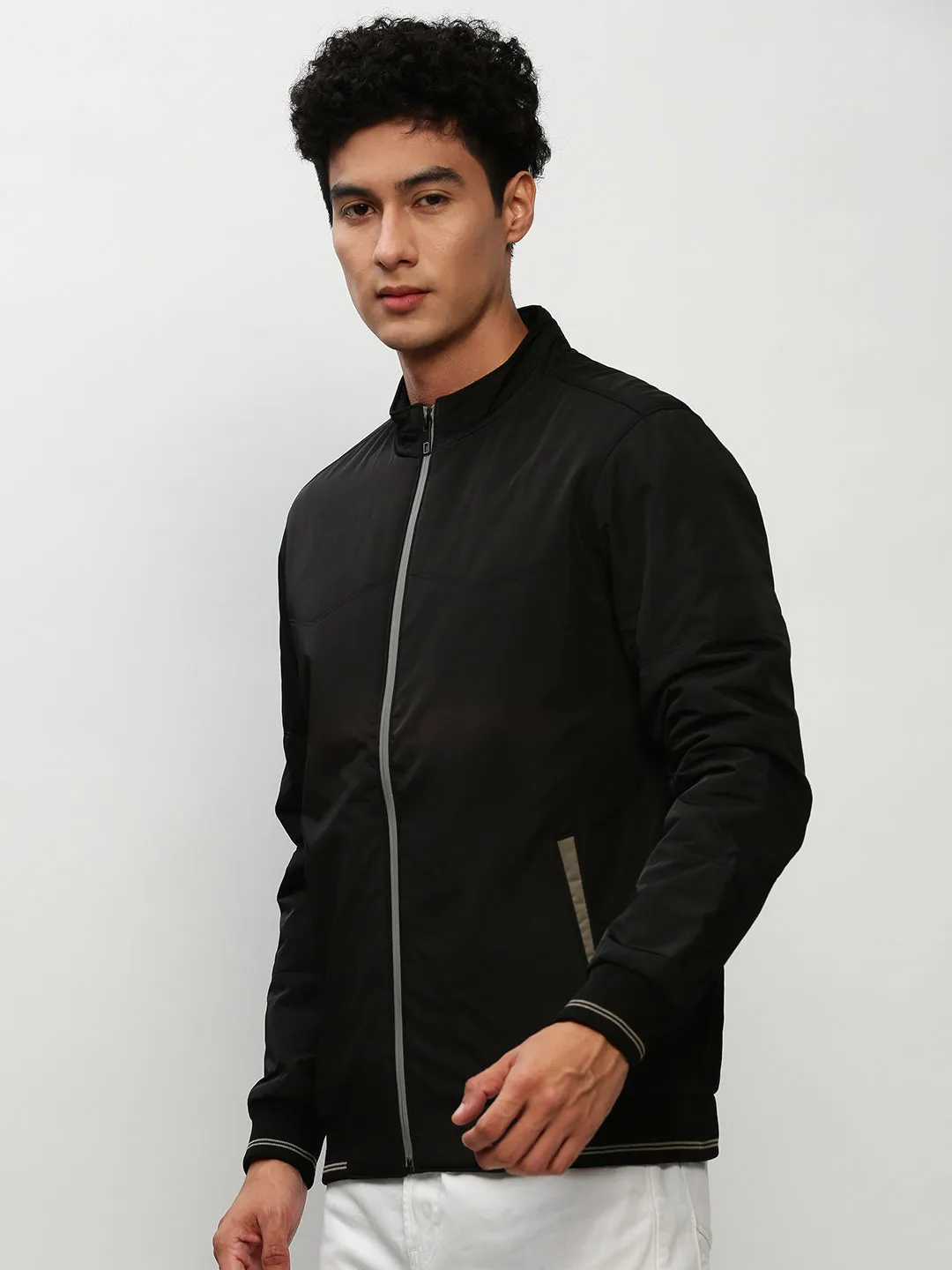 Men's Black Mock Collar Bomber Jacket Airy Cloth