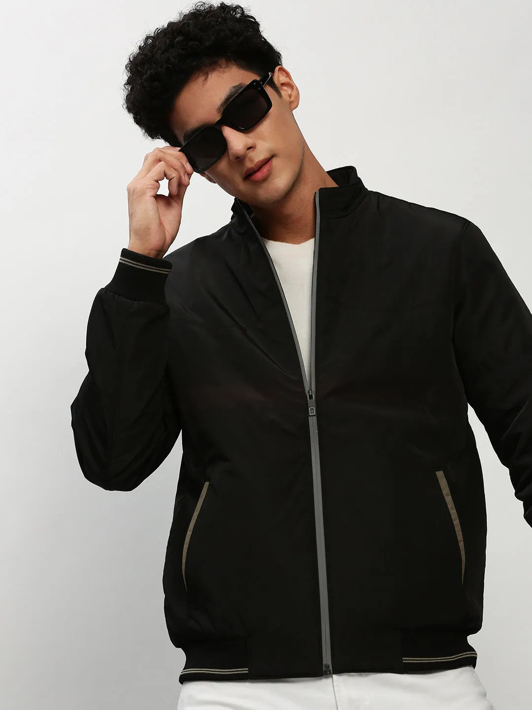 Men's Black Mock Collar Bomber Jacket Street Explorer Fit
