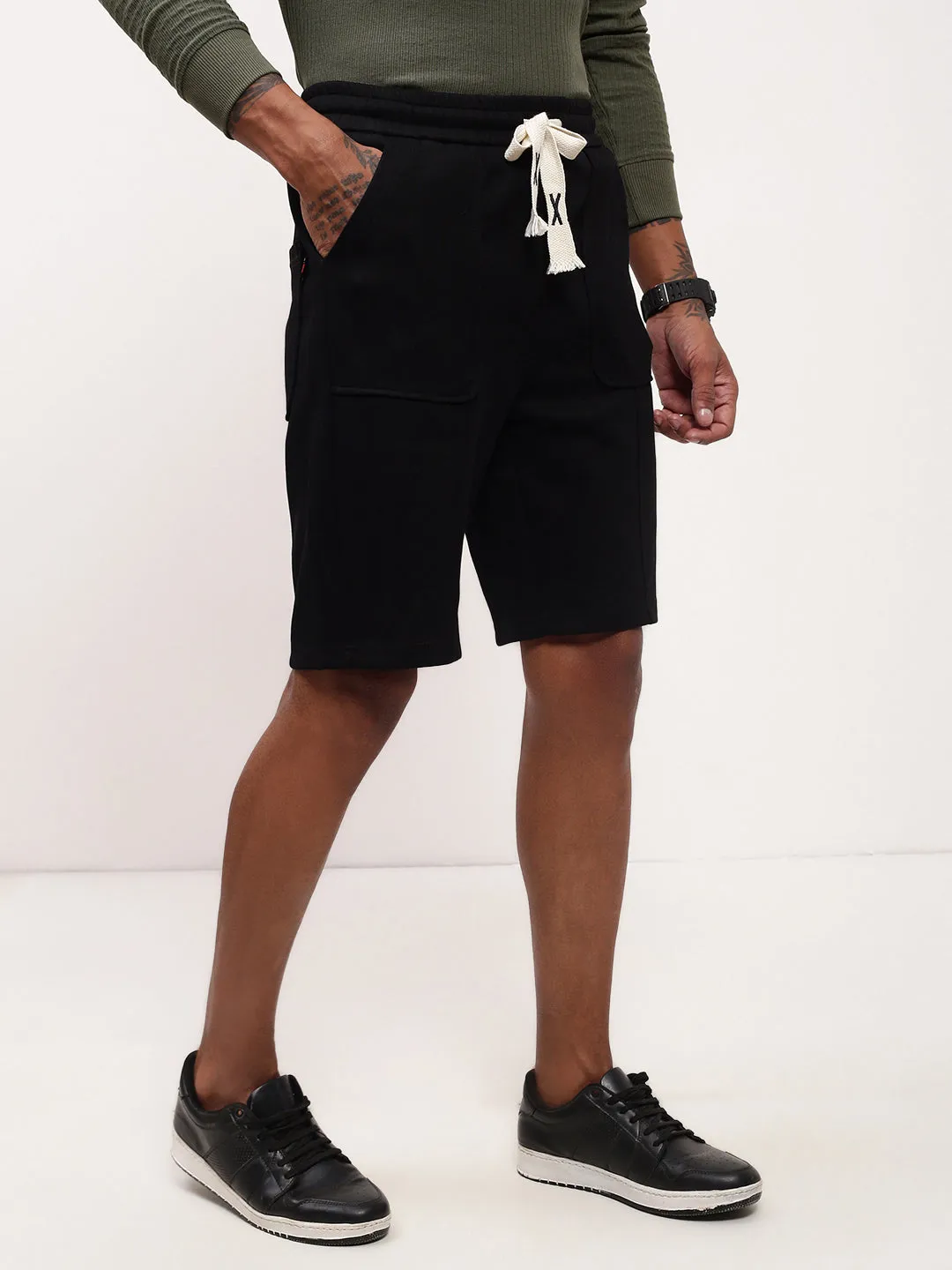 Beach Wear Men's Black Regular Fit Cotton Shorts