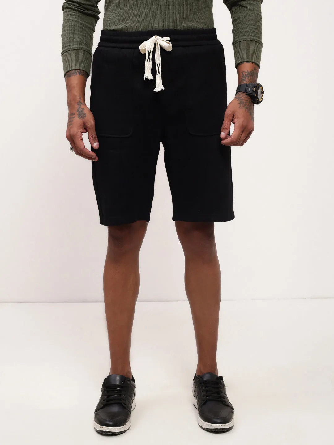 Roomy Fit Men's Black Regular Fit Cotton Shorts