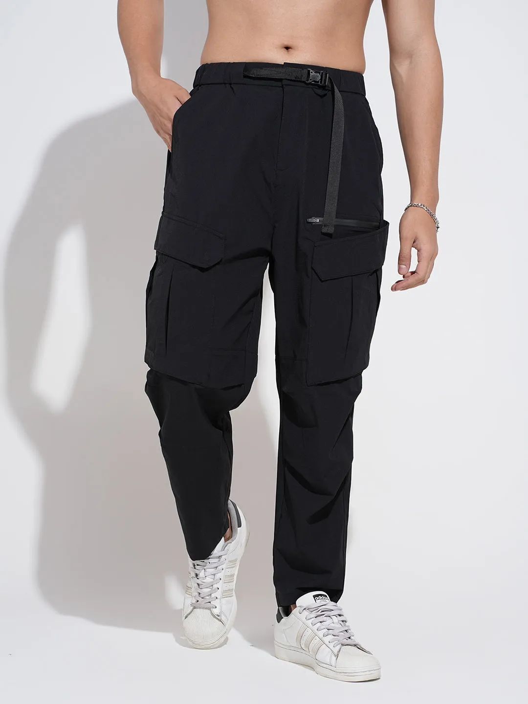 Men's Black Relaxed Fit Cargo Trousers MachineWashable
