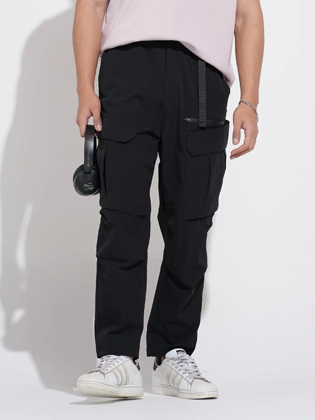 Flat Lock Seams Stretch Flex Men's Black Relaxed Fit Cargo Trousers