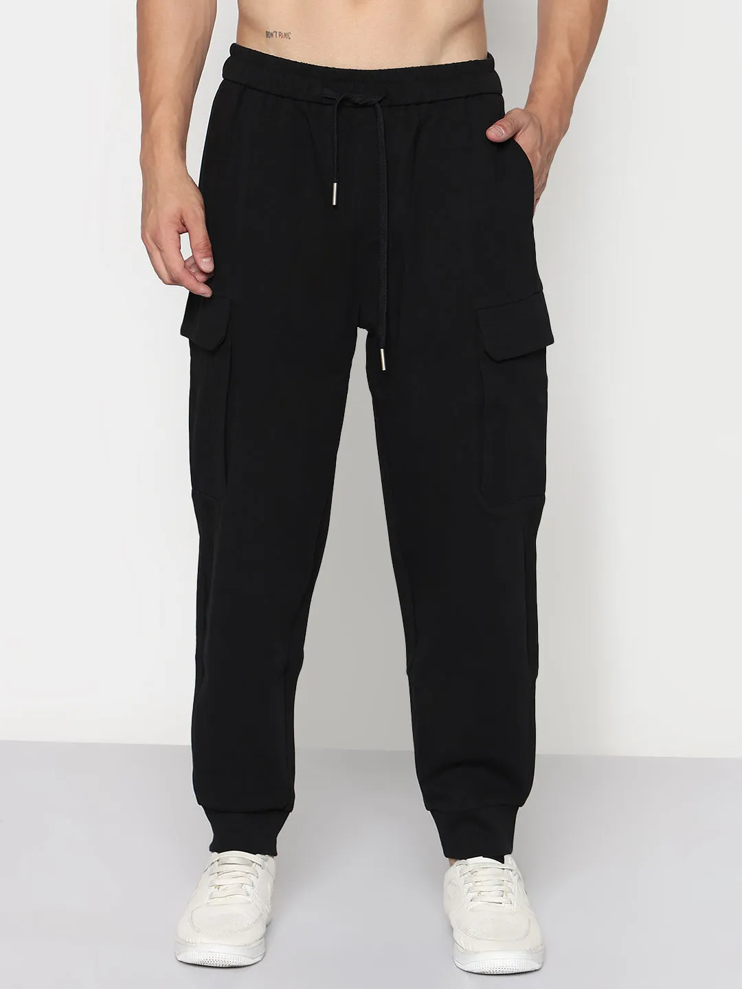 Men's Black Relaxed Fit Joggers Stretch Fit Frayed hem