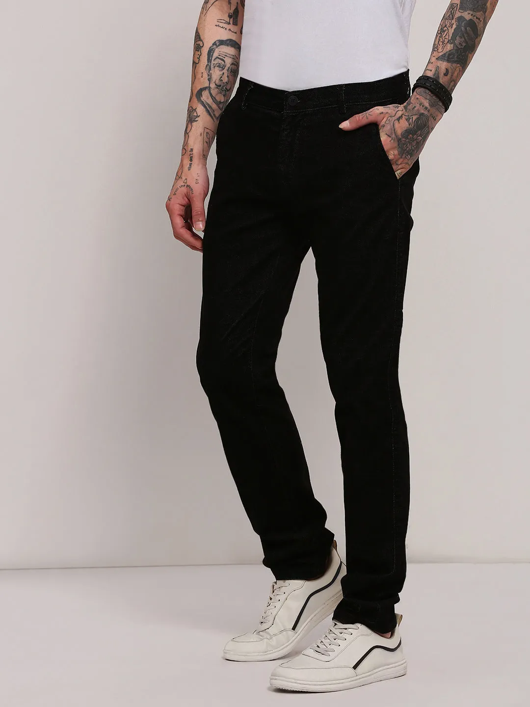 Anti Odor Technology Comfortable Wear Men's Black Slim Fit Low-Rise Trousers