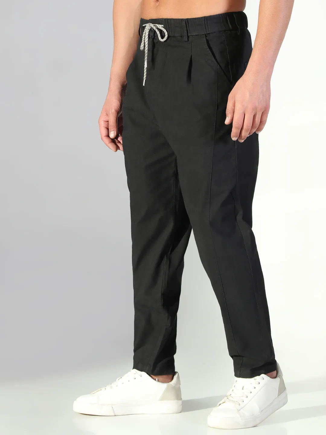 Men's Black Solid Korean Trousers Freedom Fit Functional Waist
