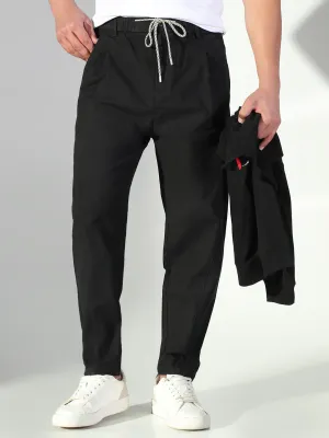 High-waisted fit Men's Black Solid Korean Trousers