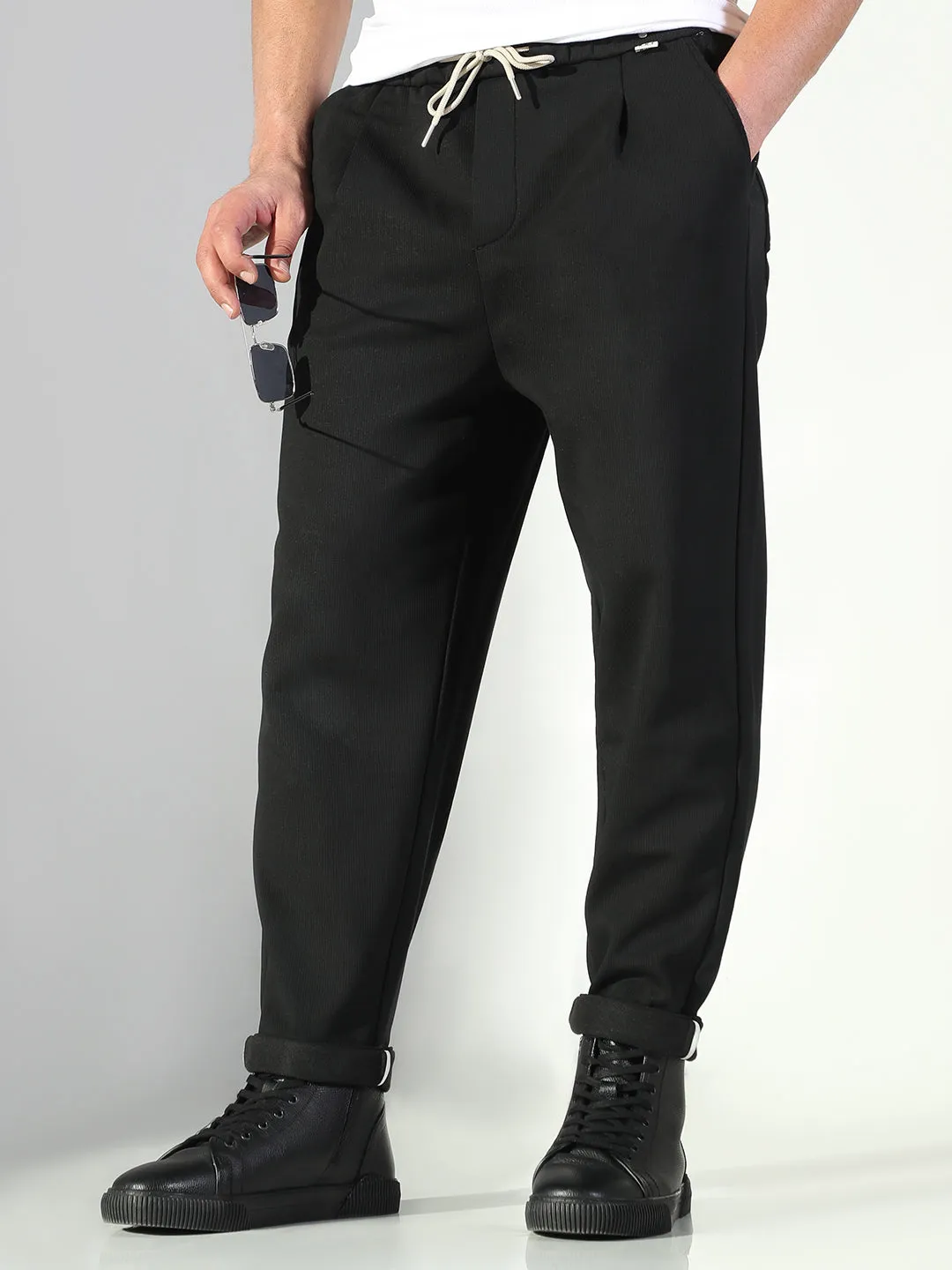 Weekend Wear Men's Black Solid Korean Trousers