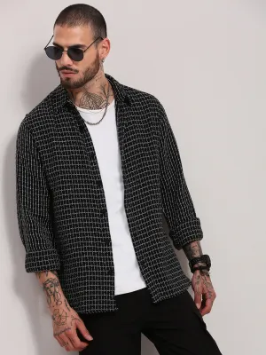Men's Black Spread Collar Checked Shacket Casual Elegance Light and Comfortable