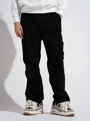Men's Black Straight Fit Cargo Trousers ExpandableSidePanels Comfort Wear Fit
