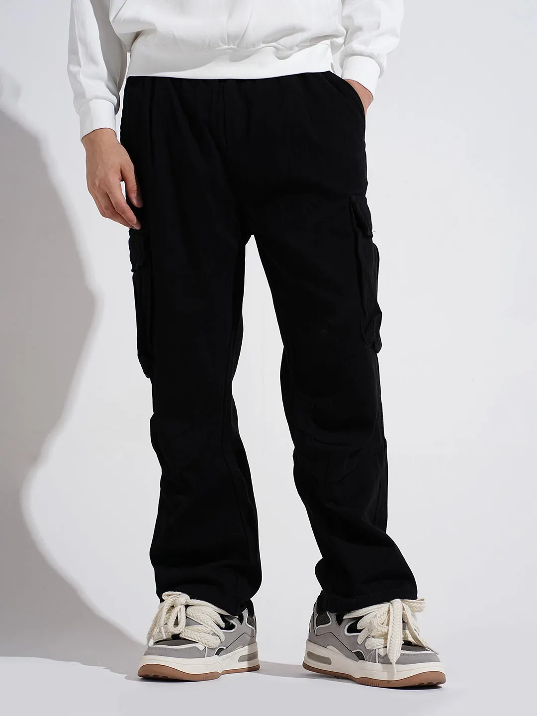 Men's Black Straight Fit Cargo Trousers ExpandableSidePanels Comfort Wear Fit