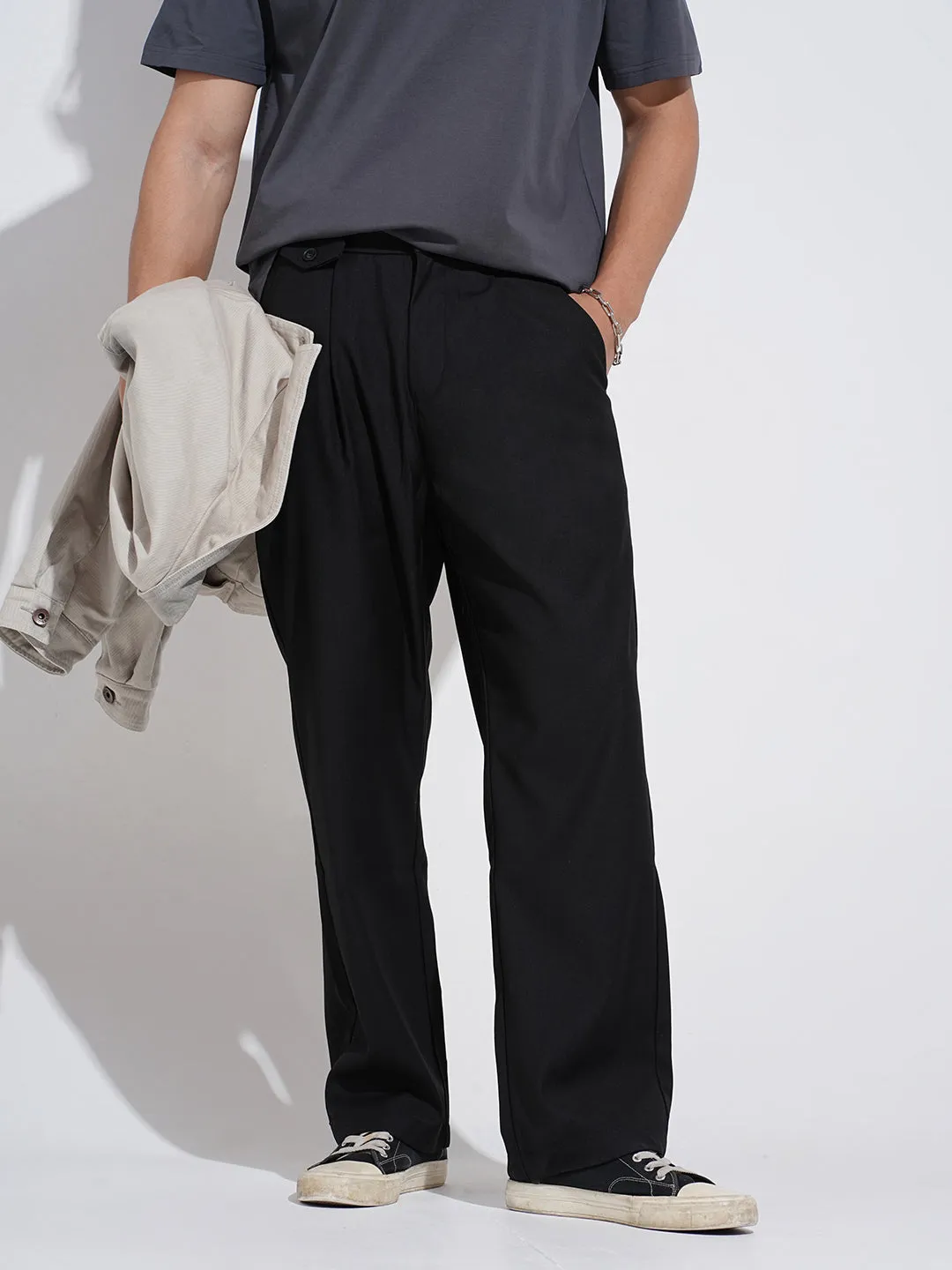 elastic waistband High Stretch Fit Men's Black Straight Fit Trousers
