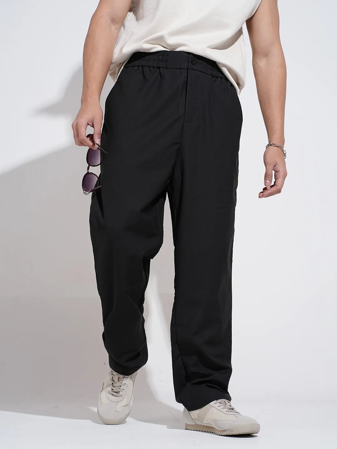 Relaxed Waist Men's Black Straight Fit Trousers