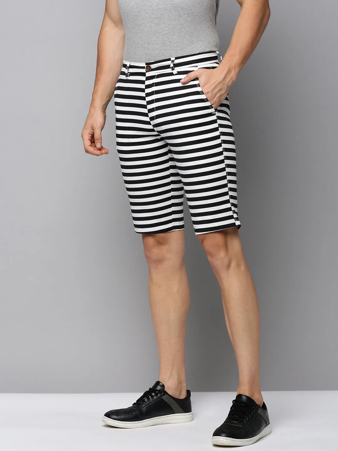 Men's Black Striped Mid-Rise Cotton Regular Shorts Minimal Bulk Frictionless Movement