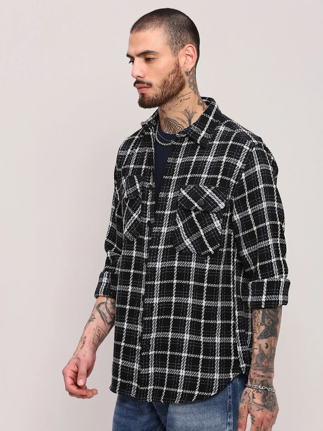 Flex Fit Double Stitched Seams Men's Black Tartan Checked Relaxed Fit Shacket
