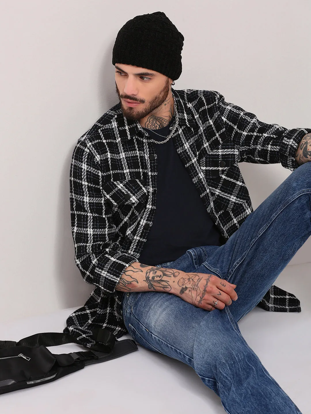 Fashionable Option Men's Black Tartan Checked Relaxed Fit Shacket