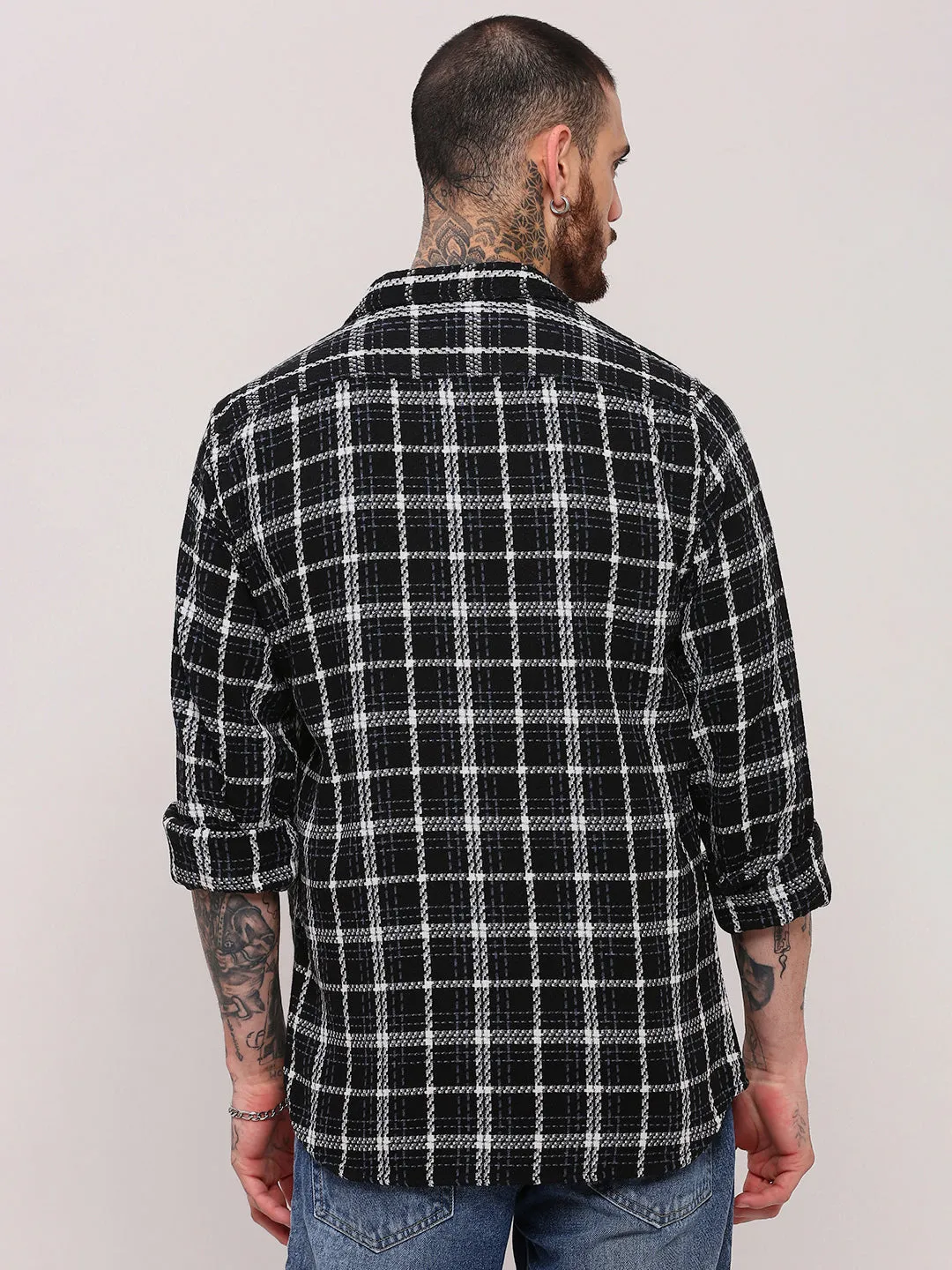 Men's Black Tartan Checked Relaxed Fit Shacket Urban Comfort