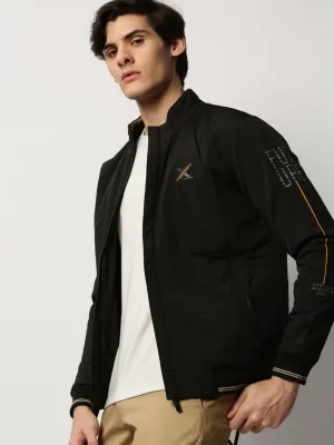 Abrasion Proof Edging Eco Friendly Coatings Men's Black Typography Printed Mock Collar Bomber Jacket