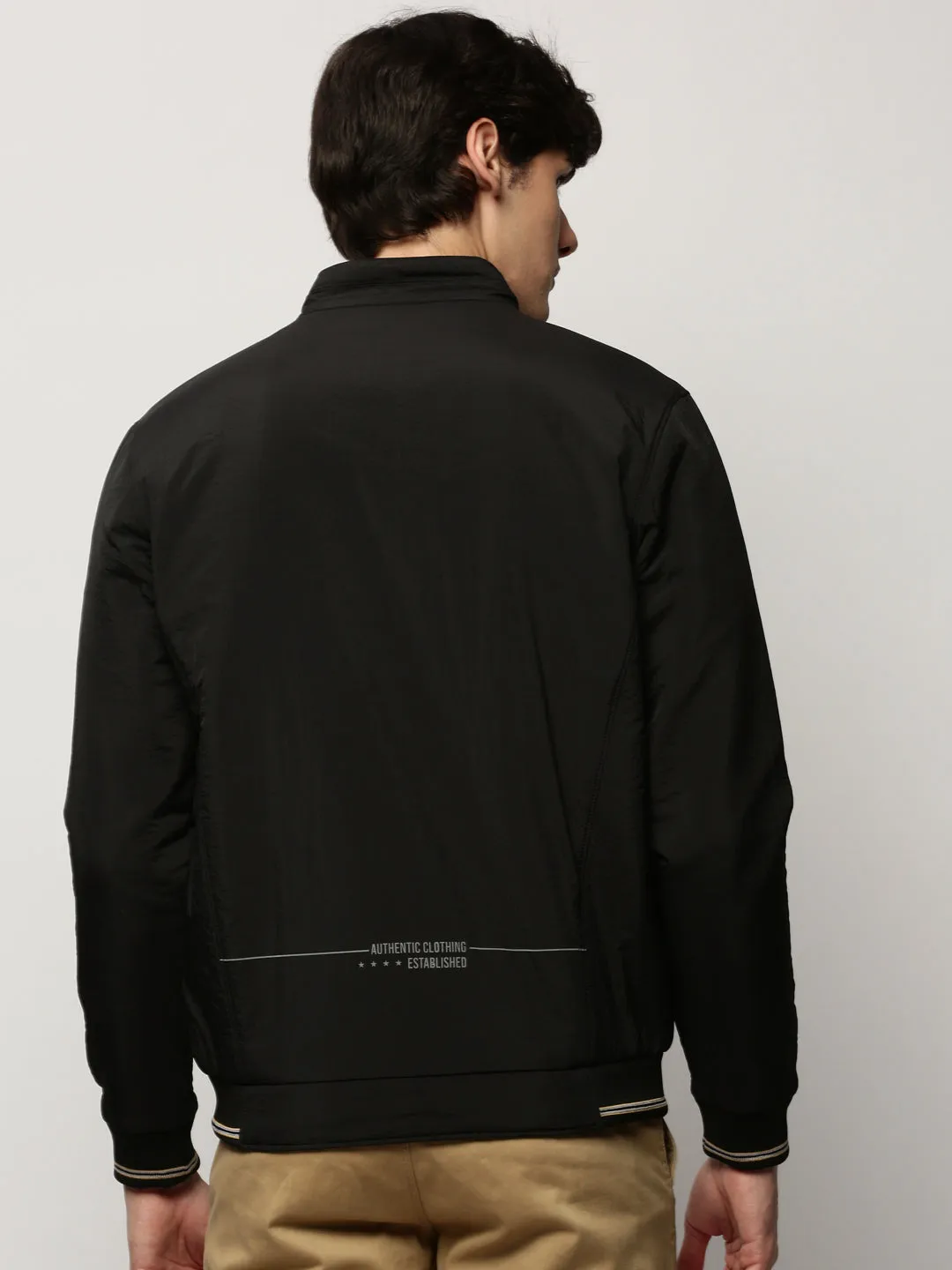 Men's Black Typography Printed Mock Collar Bomber Jacket Simple Look