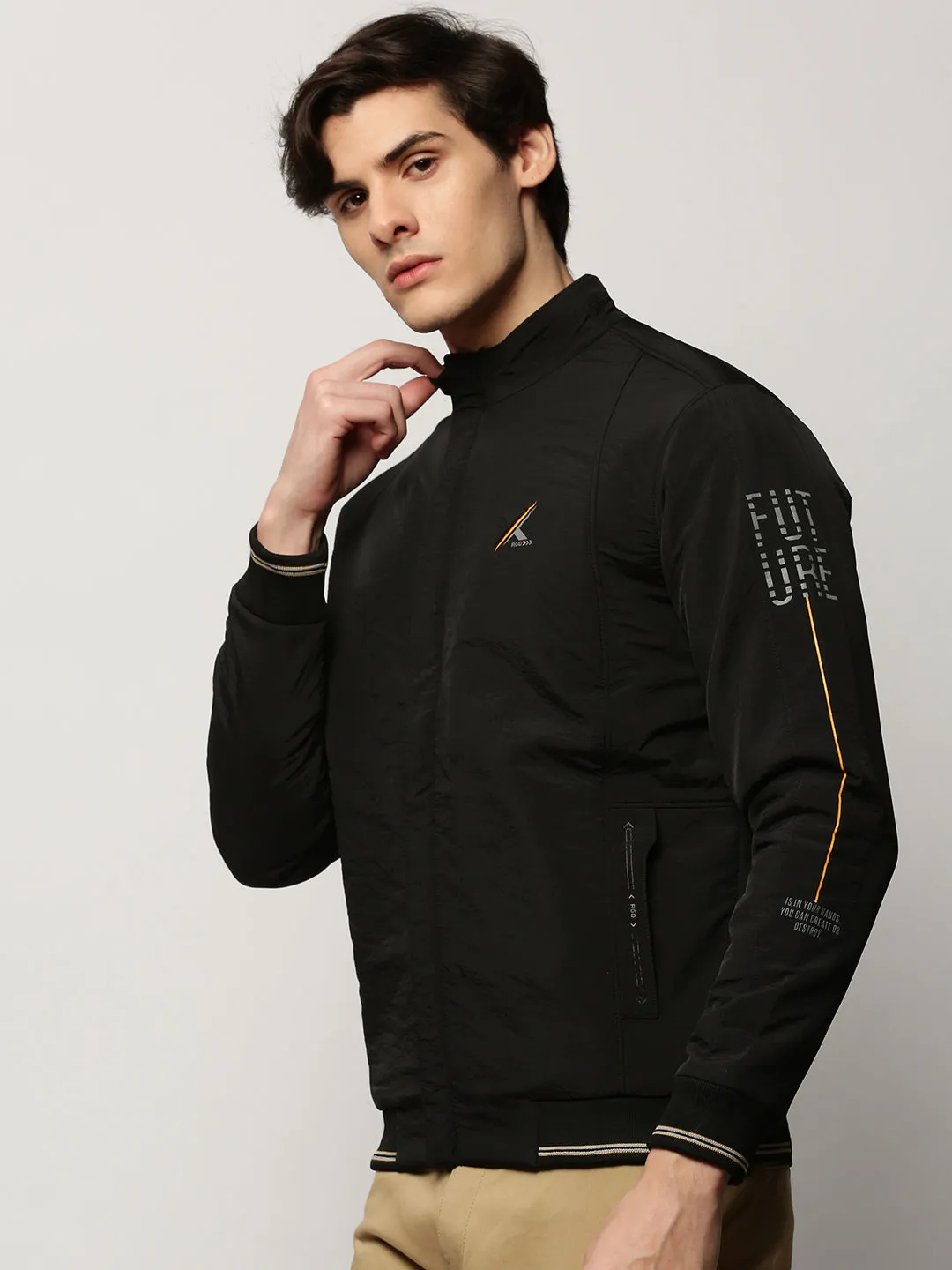 SiliconeGrip Non Restrictive Cut Men's Black Typography Printed Mock Collar Bomber Jacket