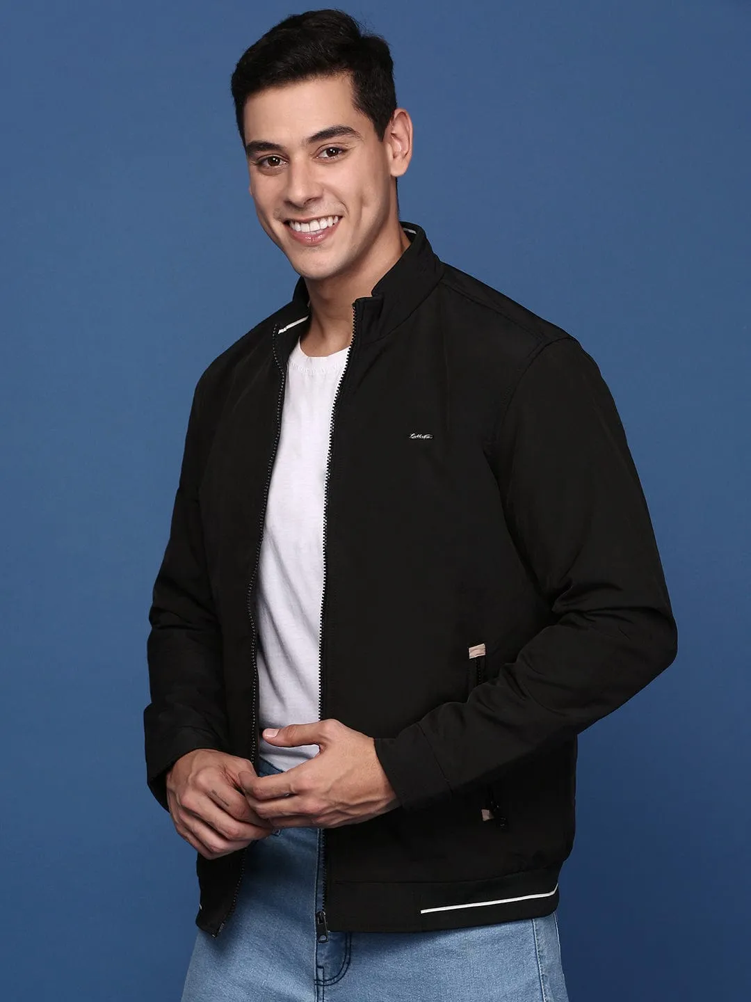 Men's Black Windcheater Longline Bomber with Patchwork Jacket Adjustable Belt Windproof Hood