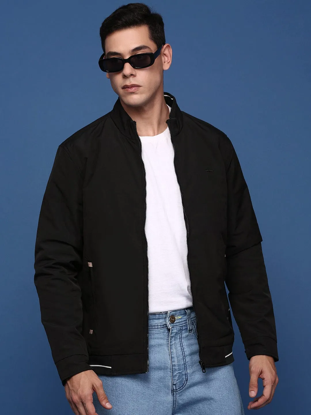 Morning Commute Gear Travel Light Fit Men's Black Windcheater Longline Bomber with Patchwork Jacket