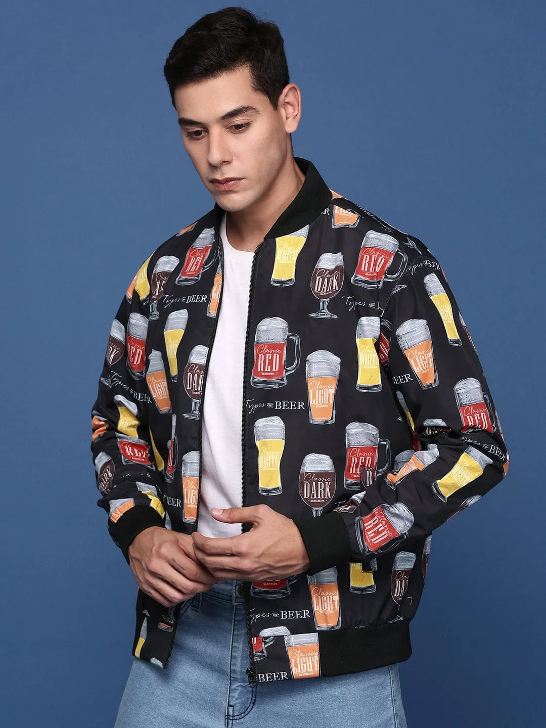 Moisture Wicking Finish Men's Black Windcheater Mandarin Collar Printed Bomber with Patchwork Jacket