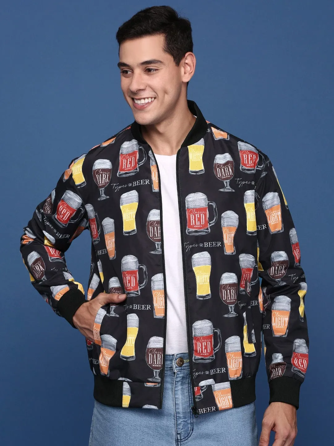 Men's Black Windcheater Mandarin Collar Printed Bomber with Patchwork Jacket Abrasion Resistant Edging