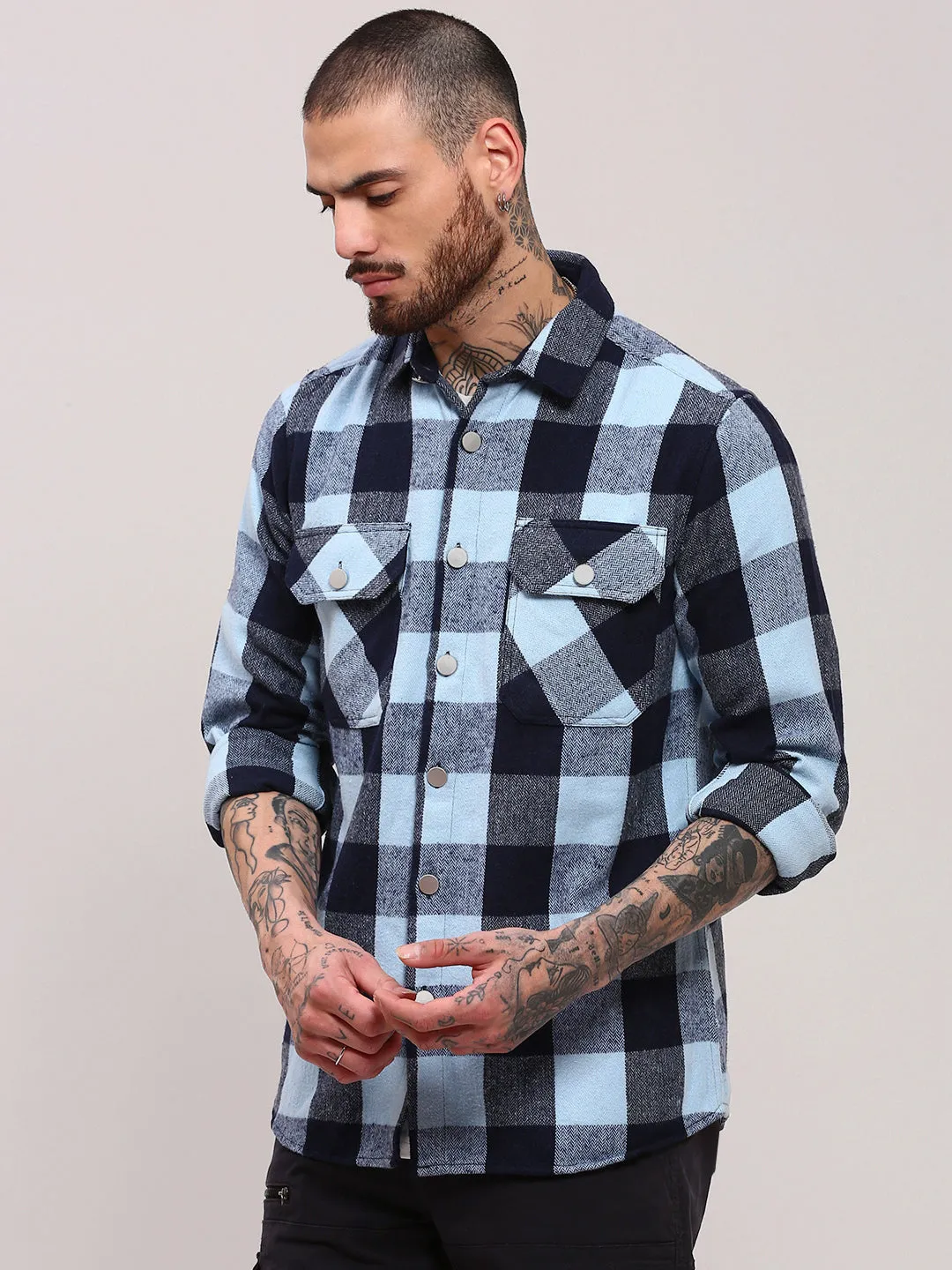Men's Blue Checked Shacket Sustainable production crew neck