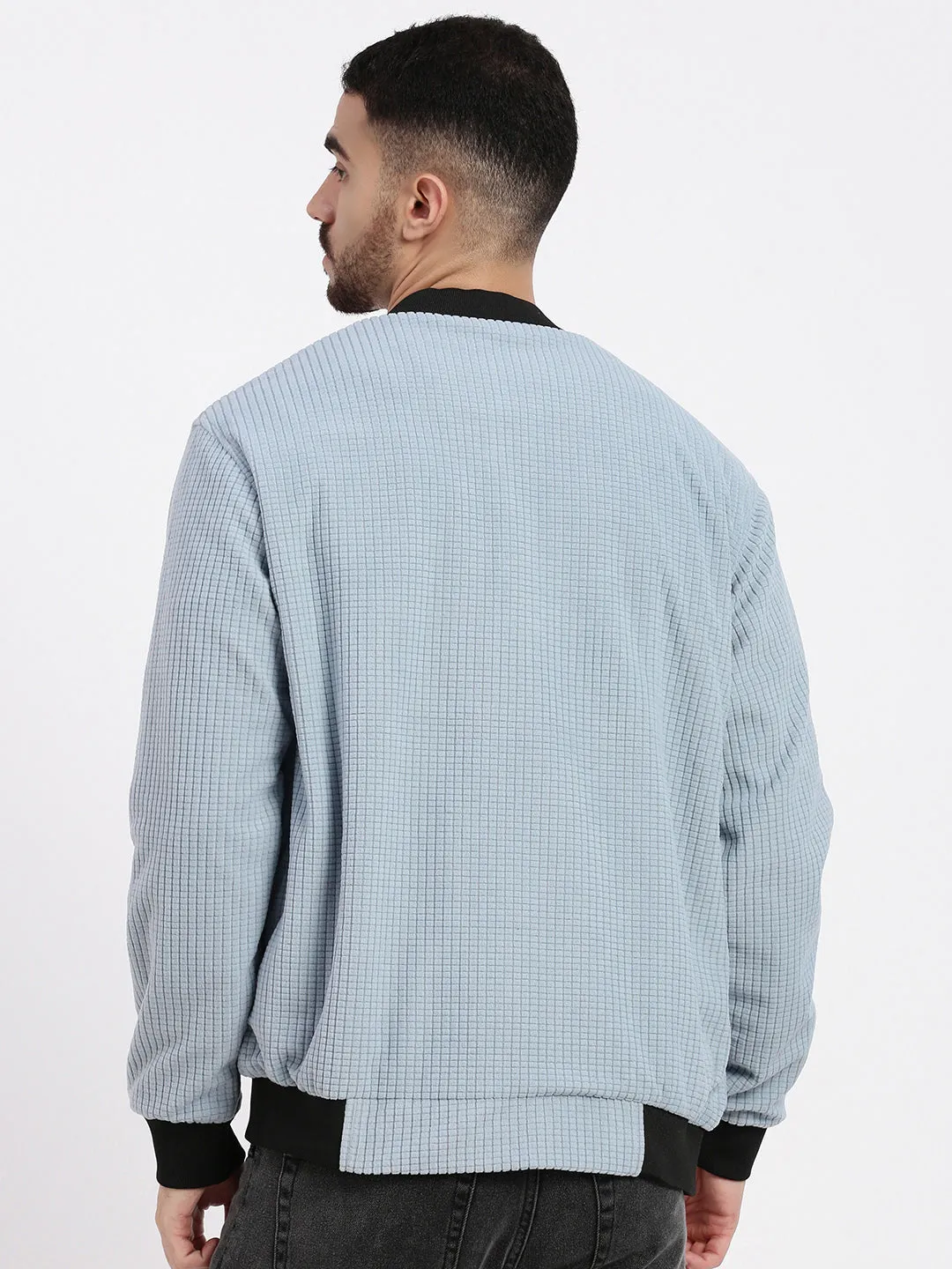 QuickDryFinish Men's Blue Mandarin Collar Solid Bomber Jacket