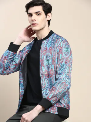 Men's Blue Paisley Printed Bomber Jacket Stowable Hood