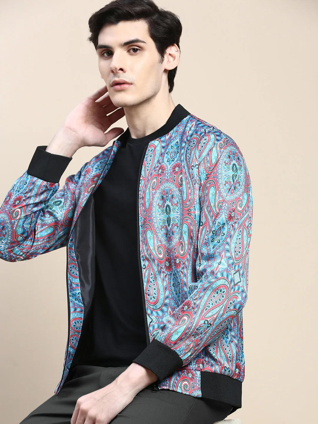 Men's Blue Paisley Printed Bomber Jacket Stowable Hood