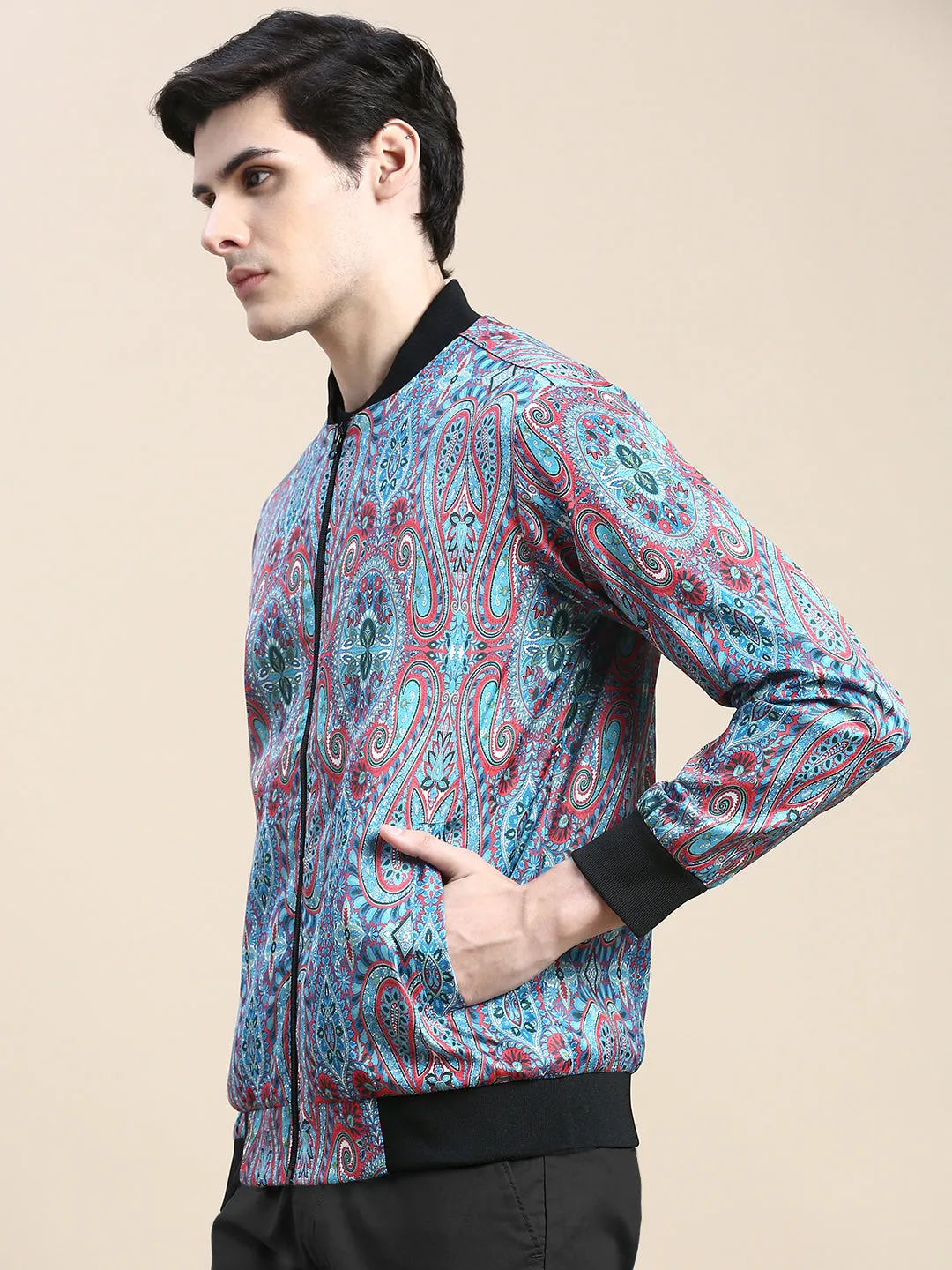 Men's Blue Paisley Printed Bomber Jacket Durable Fabric