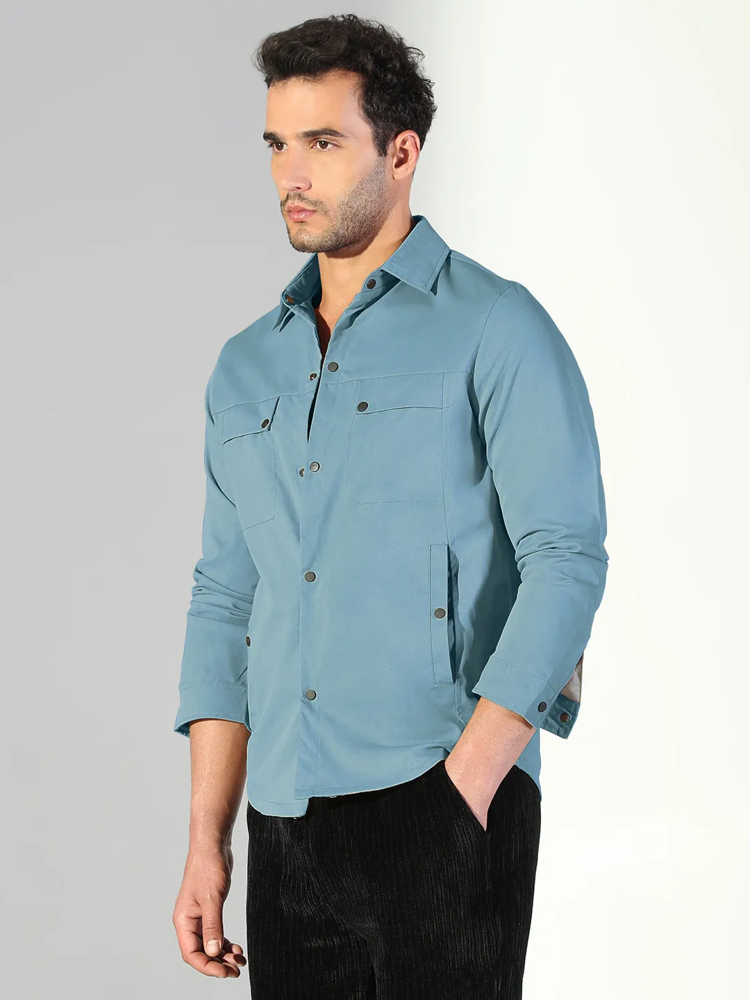 Performance Comfort Men's Blue Snap Button Regular Fit Shacket