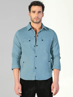 Men's Blue Snap Button Regular Fit Shacket BreathableMeshLining Garment Dyed