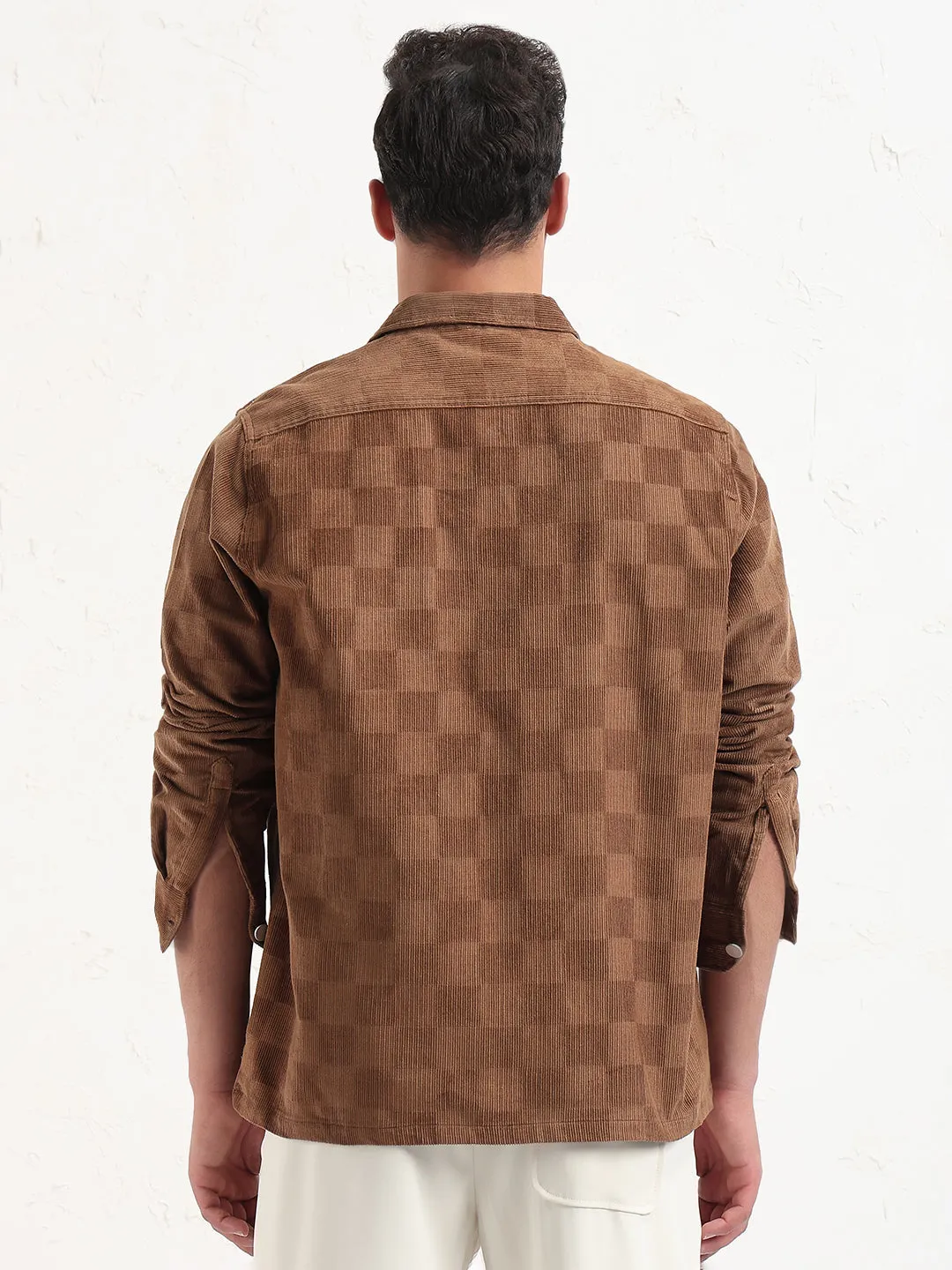 Men's Brown Checked Relaxed Fit Shacket Functional Wearable Comfy Wear