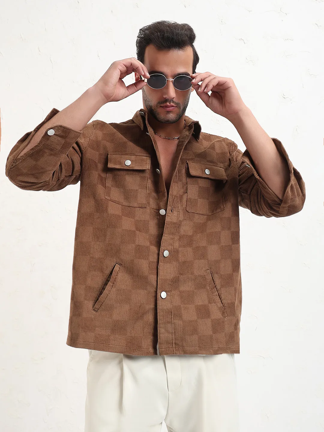 Adjustable Hem Men's Brown Checked Relaxed Fit Shacket