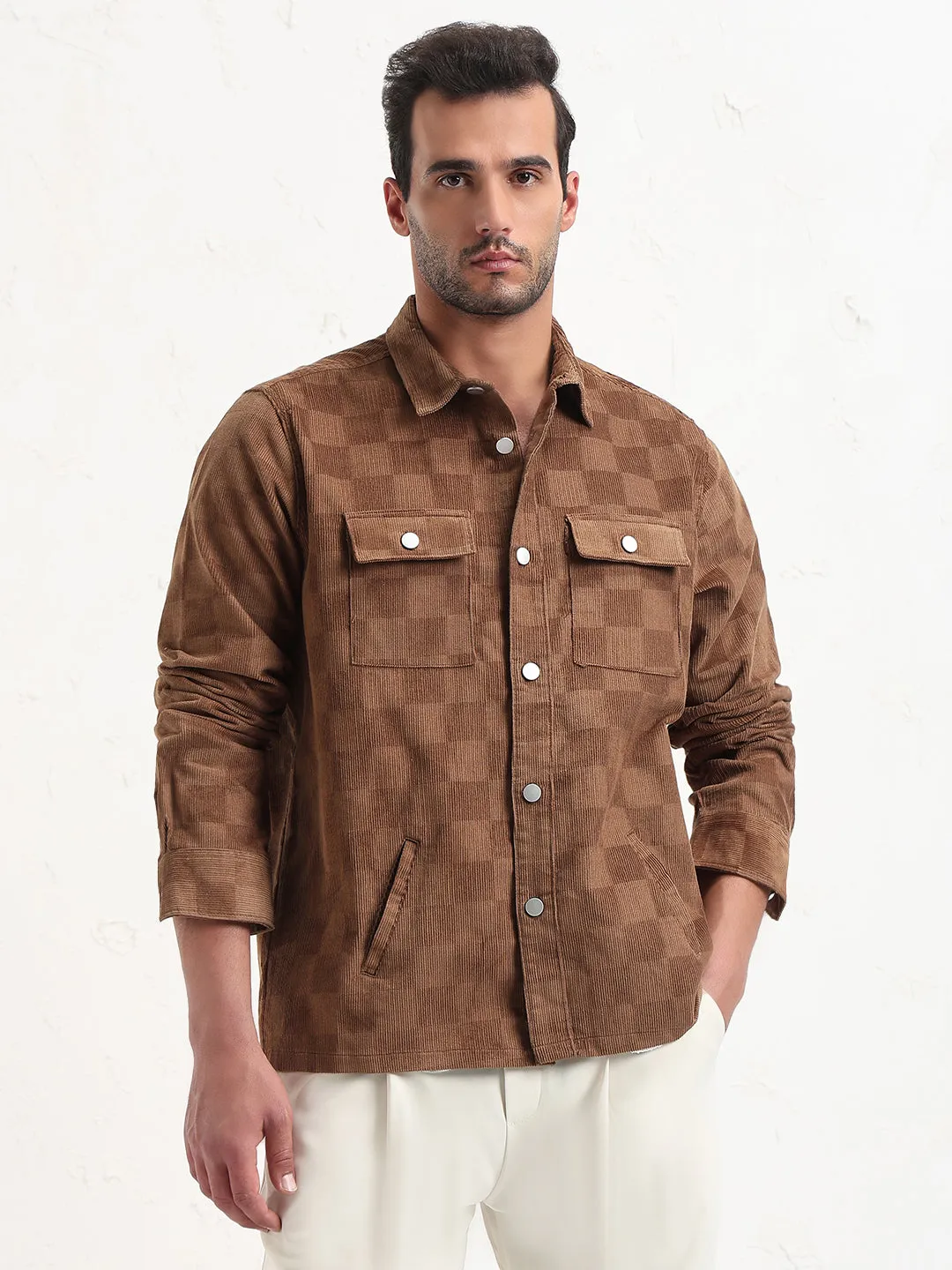 Men's Brown Checked Relaxed Fit Shacket Simple and Light ZeroDistressFinish