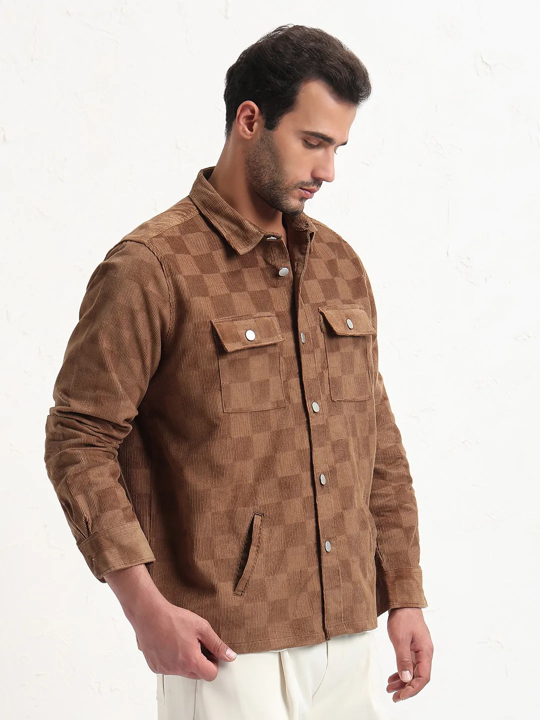 Men's Brown Checked Relaxed Fit Shacket Breathable Fit Seasonal Fashion