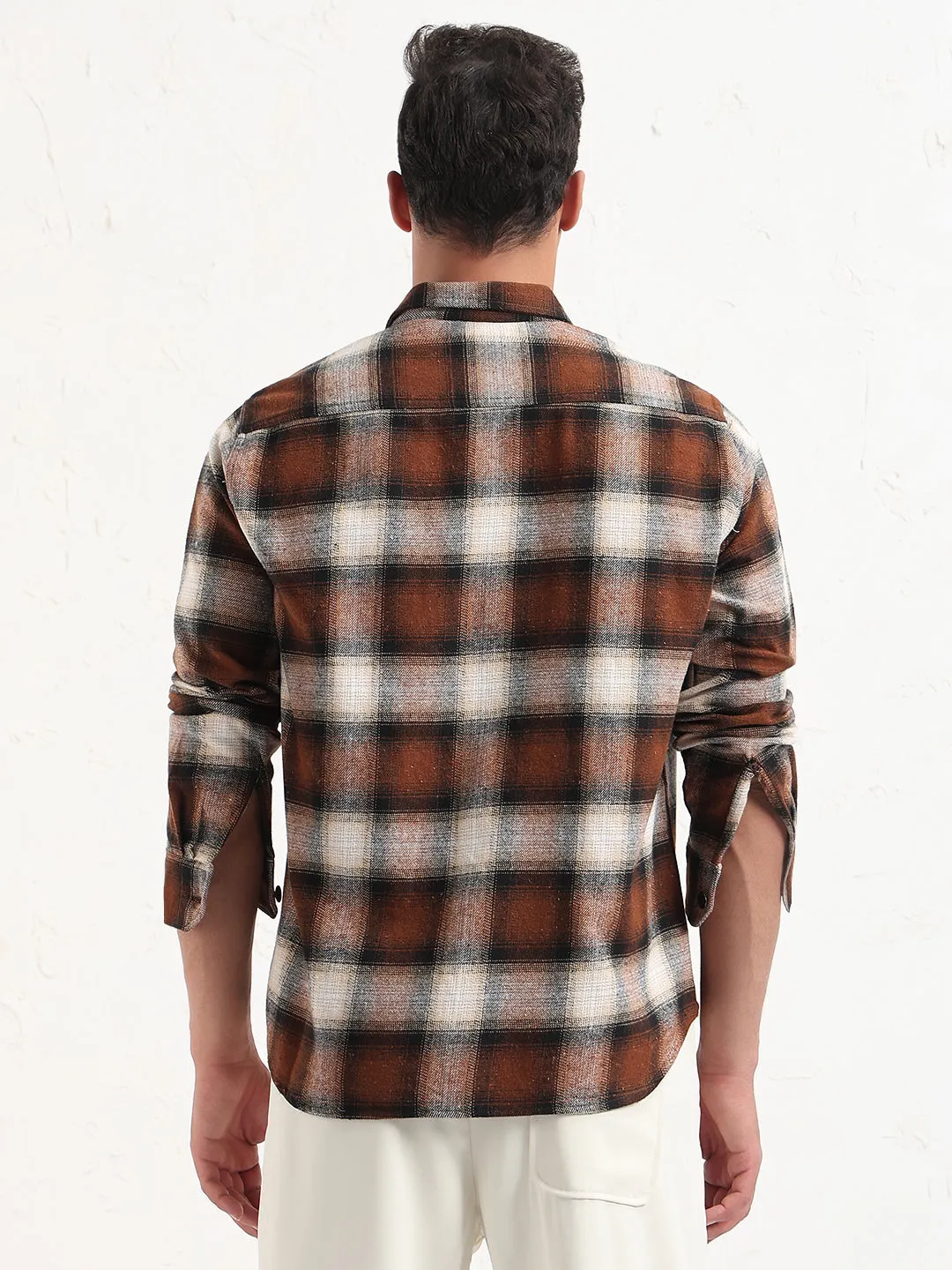 High Density Fabric Wrinkle Resistant Material Men's Brown Checked Slim Fit Shacket